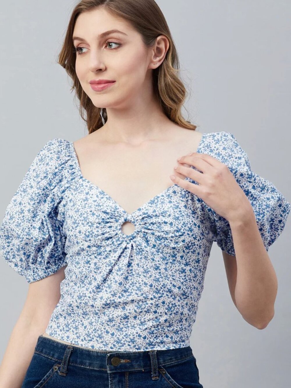 NWT Sim and Sam Blue Floral Puff Sleeve Blouse Small